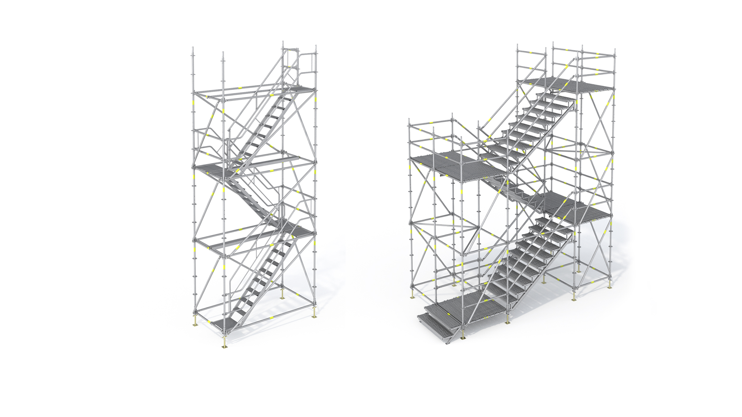 Torres de escada para acesso temporário nos canteiros de obras, passagem de pedestres em locais públicos ou para evacuação em caso de emergência. Permite diversas configurações.