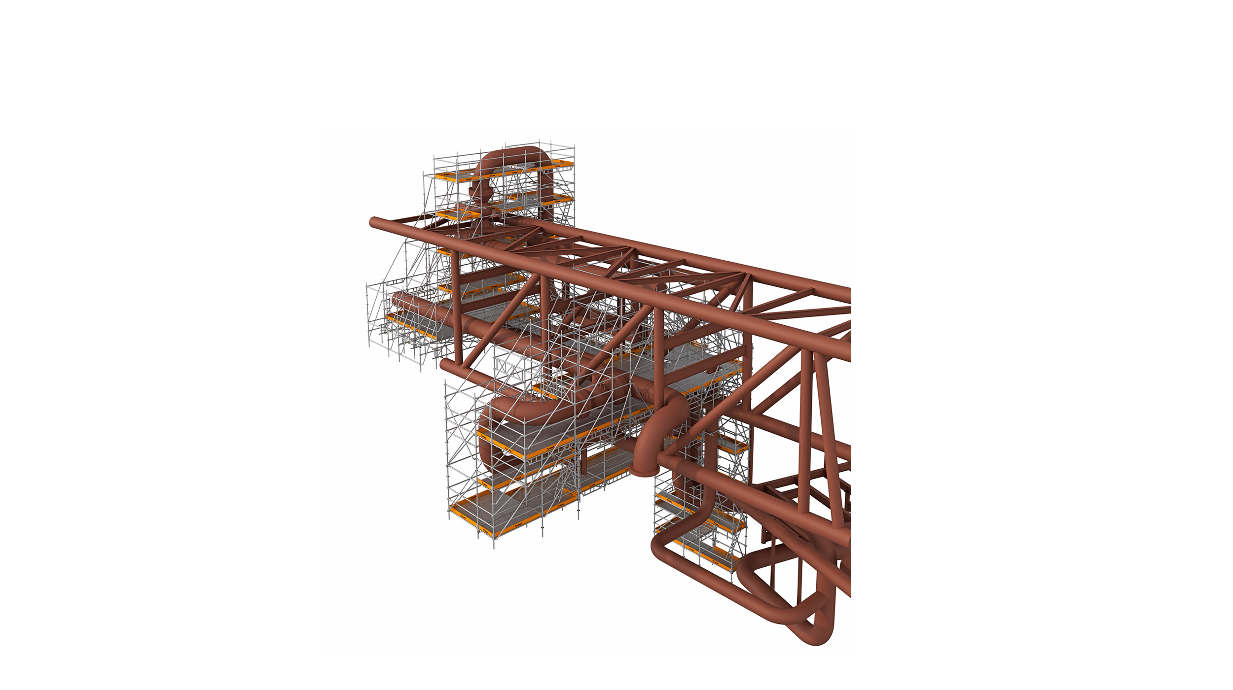 Andaime temporário estável e flexível, desenvolvido para trabalhos de construção e manutenção industrial e energética. Quantidade reduzida de peças.