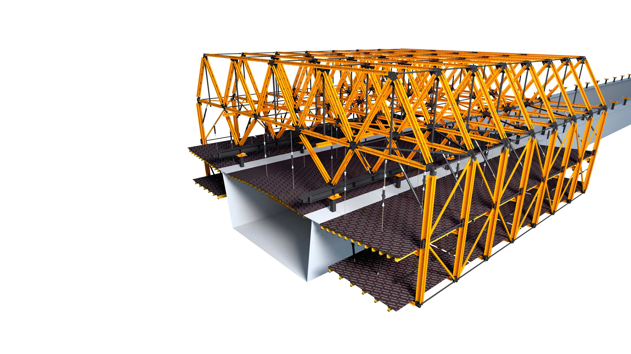 Carro móvel para pontes mistas e pontes de concreto parcialmente pré-fabricadas. Destaque para a possibilidade de configurar a estrutura para cada obra, otimizando os ritmos de execução.