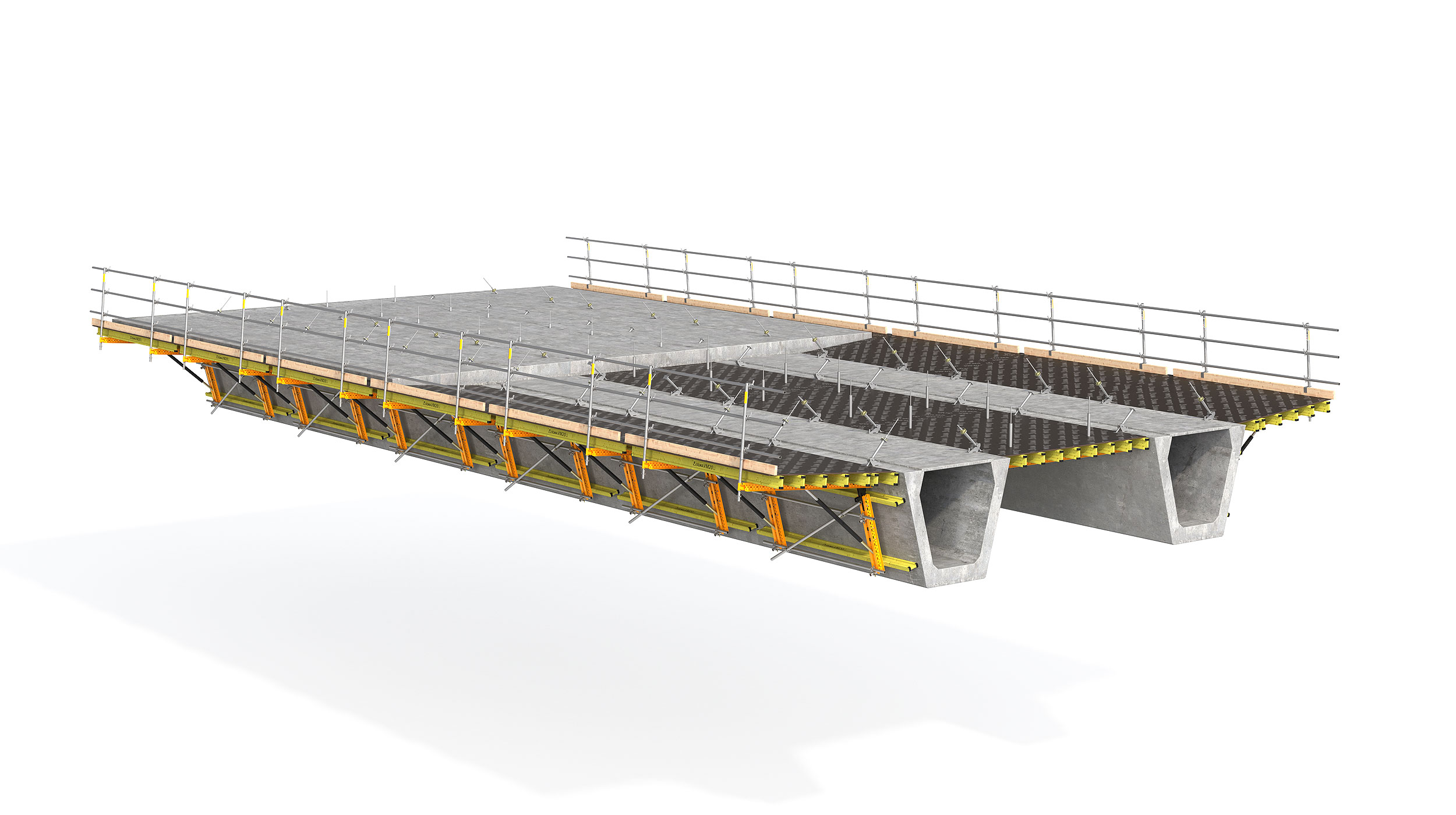 Fôrma modular para concretar as abas ou lajes centrais de pontes com núcleo metálico ou pré-fabricado. Característica de destaque: a segurança do sistema.