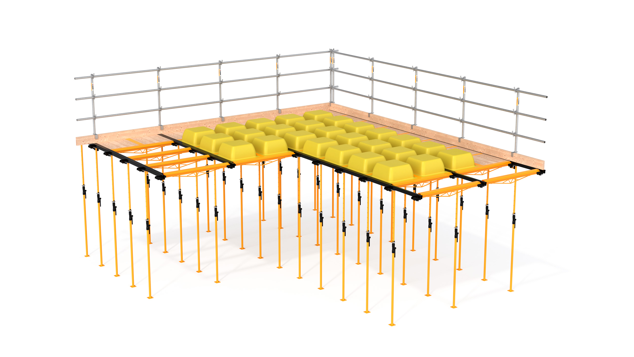 Fôrma para lajes nervuradas de alta produtividade. Composto por cubetas de plástico recuperáveis e escoramento num único equipamento, se adapta a lajes de diferentes geometrias.