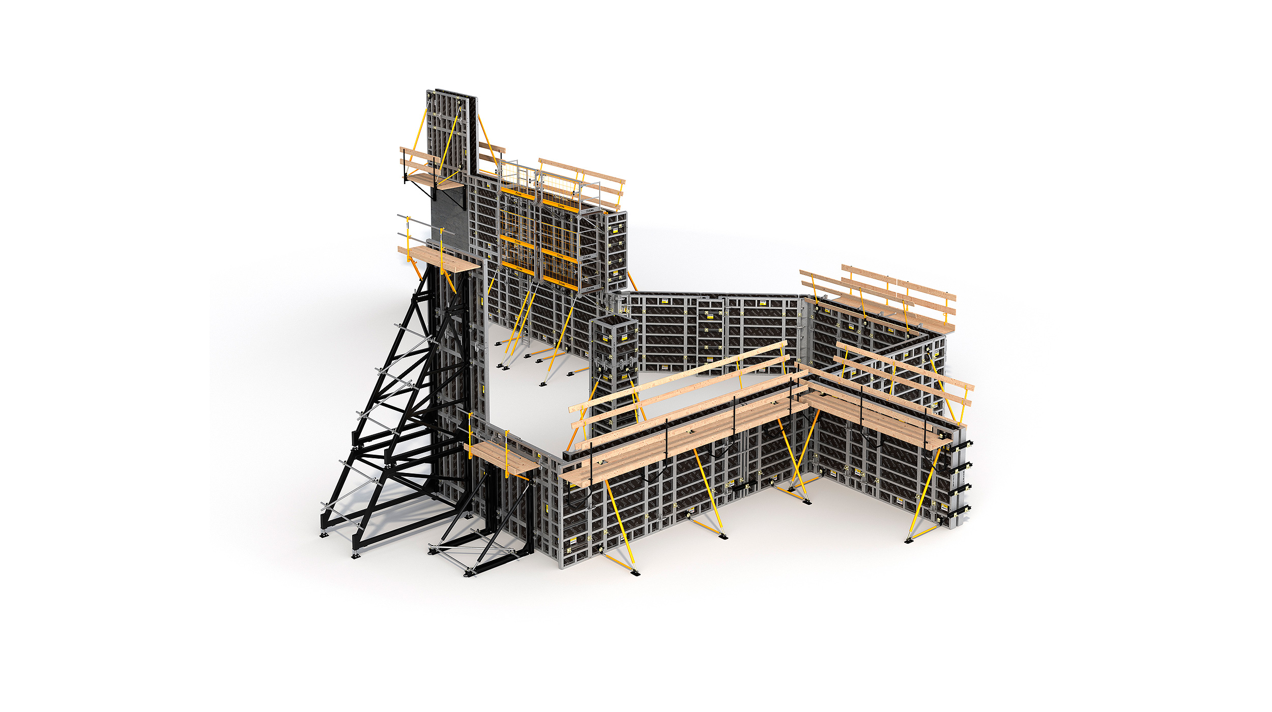 Sistema de fôrma modular e qualquer outro tipo de construção de estruturas verticais de concreto. Proporciona alto rendimento, com baixo custo de mão de obra.