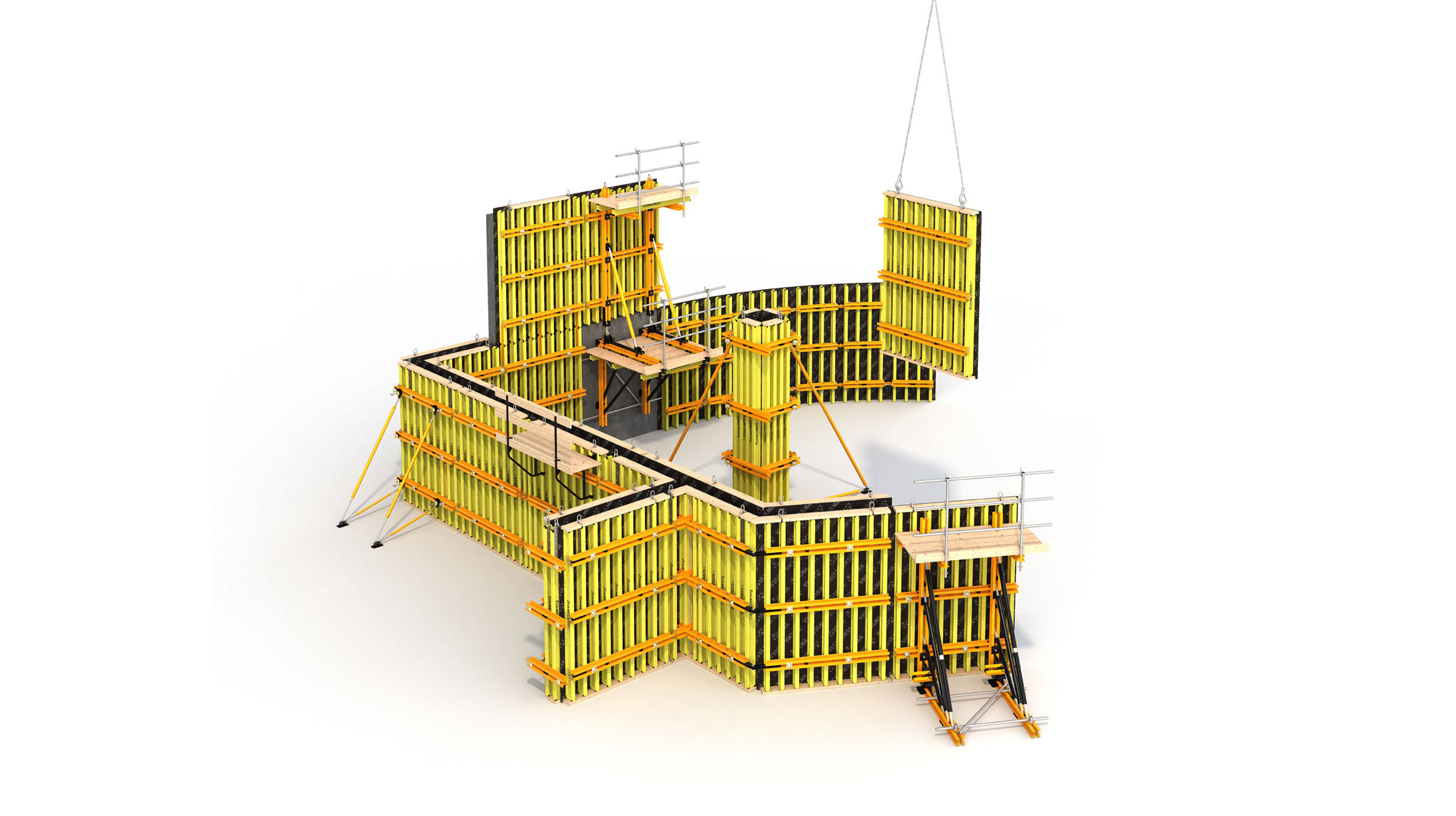 Fôrma para parede flexível e versátil ideal para resolver a concretagem de estruturas de geometria complexa, com ótimo acabamento de concreto aparente.