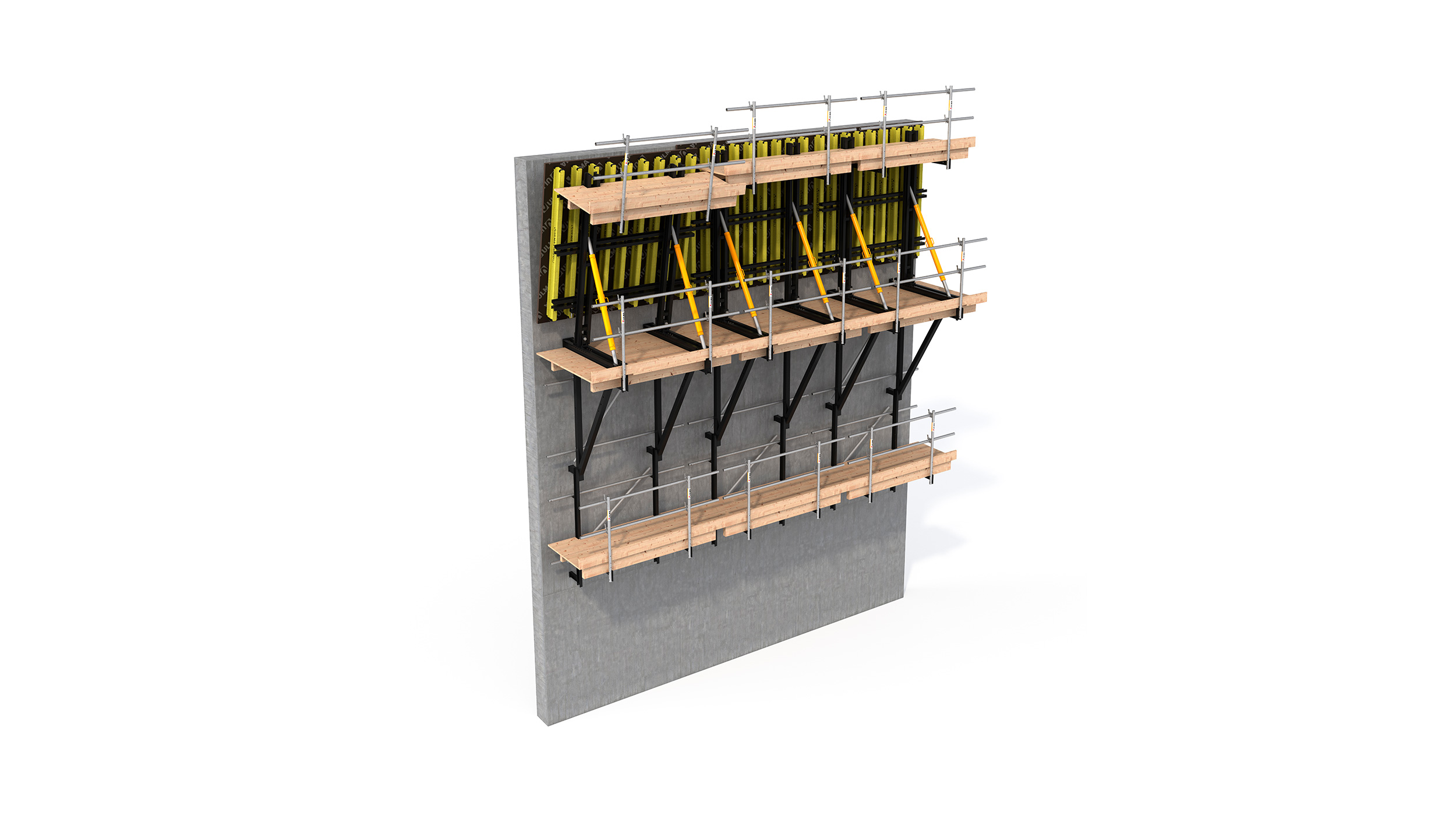 Sistema de fôrma trepante configurável para paredes retas ou inclinadas. Indicada para a construção de usinas, esclusas ou galerias.