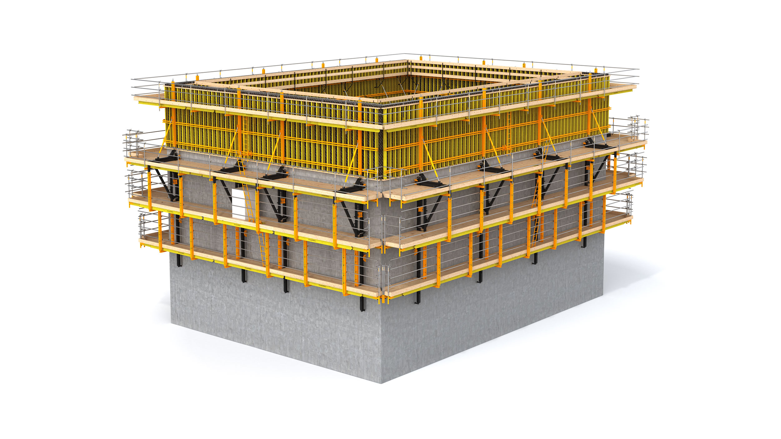 Sistema de fôrma autotrepante sem a necessidade de grua. Agiliza os tempos de construção e permite múltiplas aplicações para cada obra de grande altura. Segurança na montagem e movimentação.