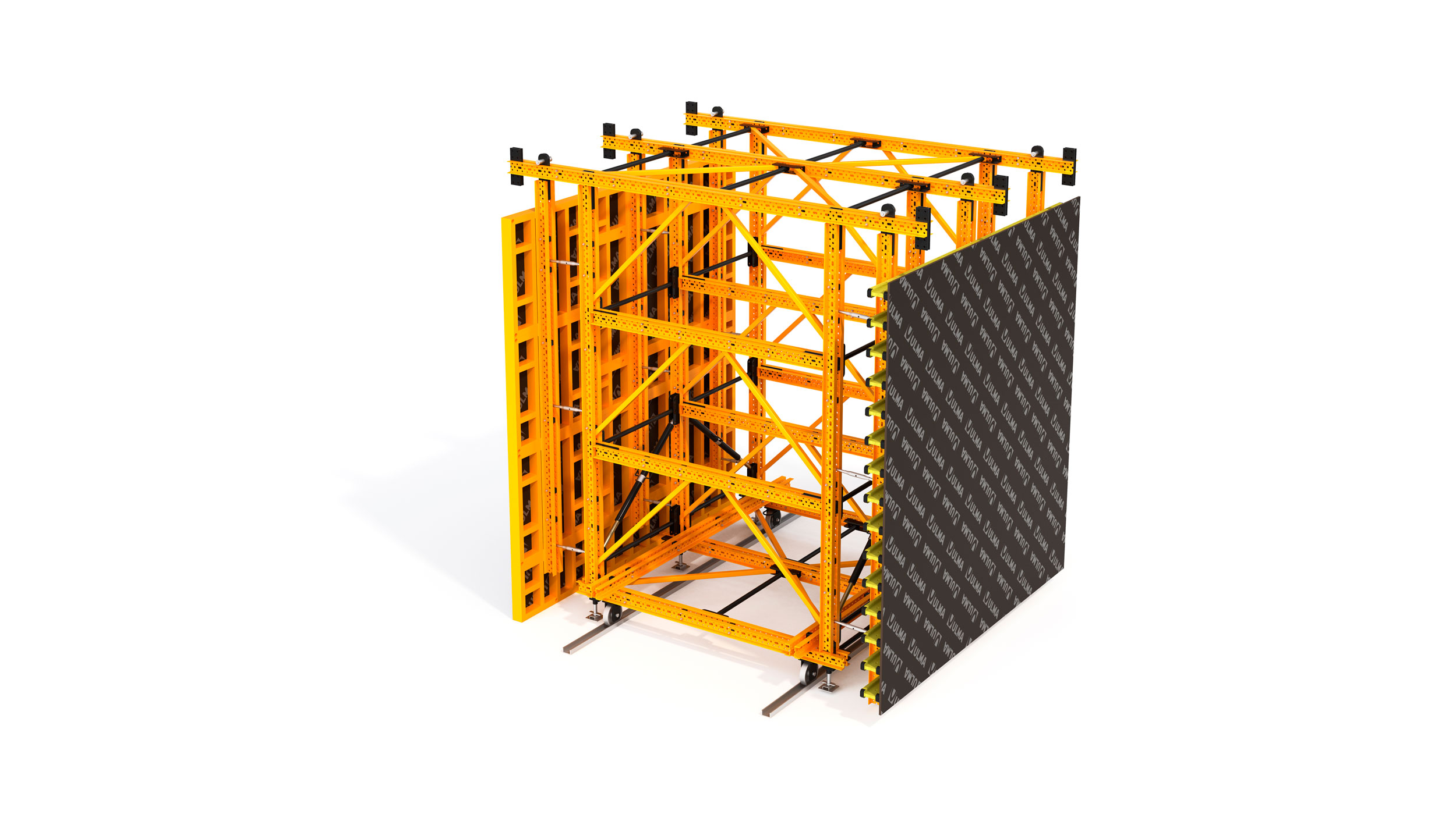 Sistema móvel para a construção de parede de concreto de grande extensão, a uma ou duas faces. Fácil de montar e desformar.