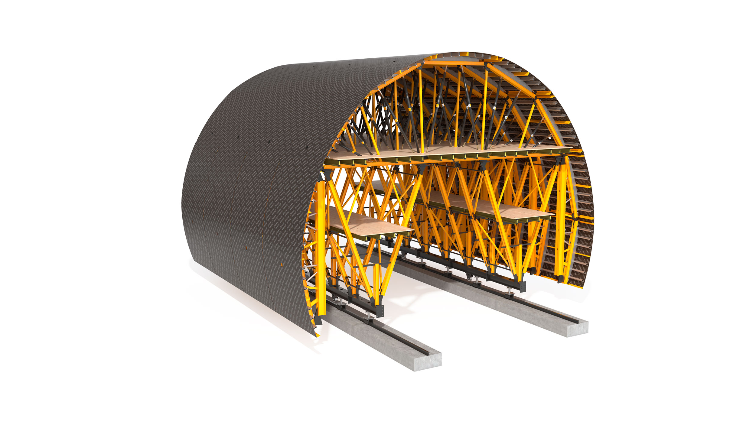 Carro de fôrma totalmente configurável, indicado para túneis de até 1 km de extensão. Sistema de alta rentabilidade em locação.